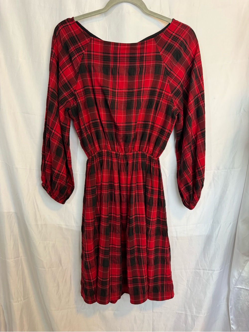 Alice + Olivia Red and Black Plaid Long Sleeve Elastic Waist Dress